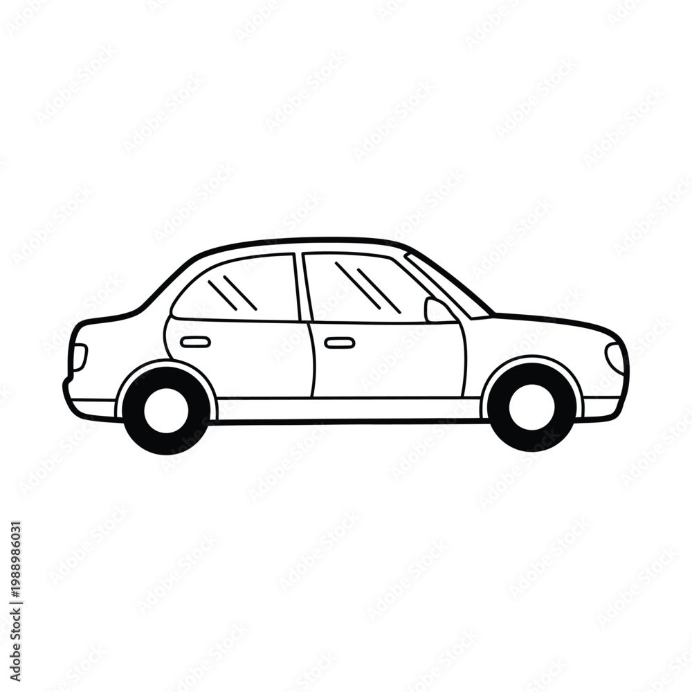 Naklejka premium Simple black and white line art drawing of a sedan car viewed from the side, suitable for coloring.