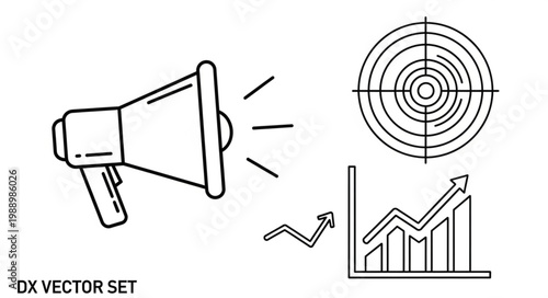 Hand drawn megaphone target and growth chart icons.