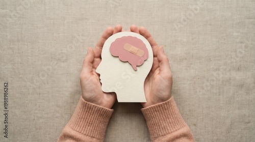 Mental health healing concept with paper brain and bandage held in hands. Psychology therapy, trauma recovery and emotional wellness support for psychiatric care.