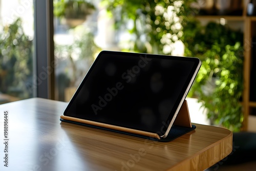 A tablet placed on a modern wooden desk blank screen
