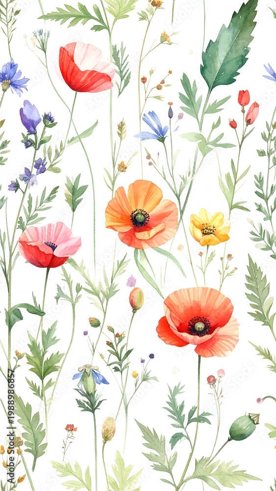 Fototapeta premium A vibrant floral pattern with various colorful flowers and greenery
