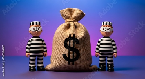 Two cartoon prisoners standing next to a large sack of money