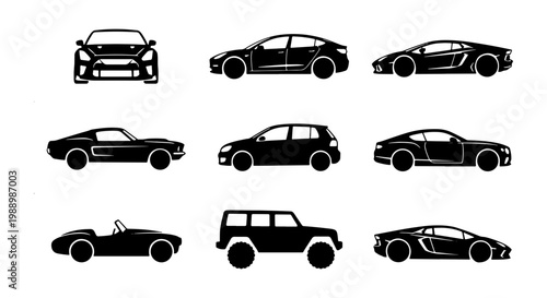 Black car silhouette icons set, collection of 9 automotive vector symbols, modern sedan and sports car side view profiles, transport vehicle graphics