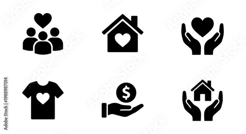 Charity and donation icon set, 6 black solid vector symbols for non-profit organizations, community support and humanitarian aid graphics