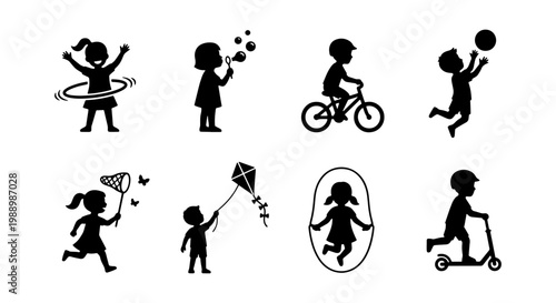 Active children playing outdoor games silhouettes, set of 8 kids summer activities icons, boy and girl childhood hobby vector illustrations
