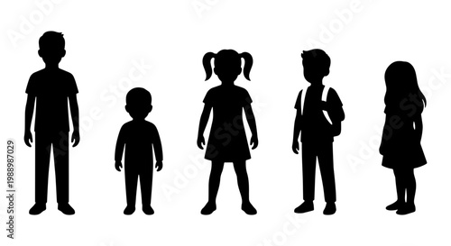 Children silhouettes collection, diverse group of school kids standing together, black vector outlines of boys and girls for education design