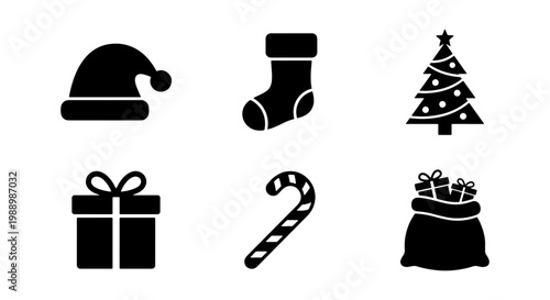 Christmas black silhouette icons set, 6 holiday vector elements including Santa hat and tree, festive winter celebration graphics for web design