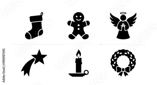 Christmas holiday icon set with 6 black vector elements, gingerbread man and angel silhouettes, festive winter stocking and candle symbols