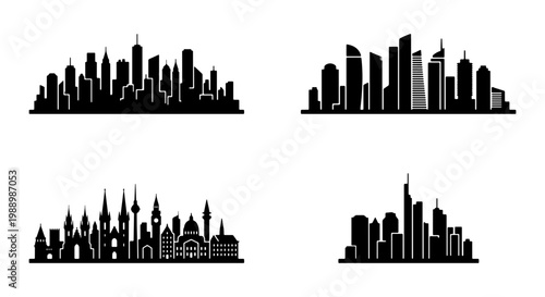 Modern city skyline silhouette collection, black urban cityscape vector set, 4 metropolitan skyscraper panoramas, downtown building horizon icons