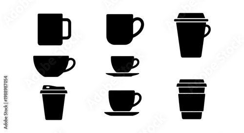 Minimalist coffee cup icons set, black silhouette mug and tea cup vector collection, takeaway paper cup and ceramic drinkware symbols for cafe branding