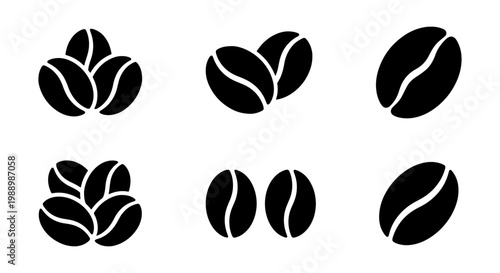 Minimalist coffee bean icon set, black silhouette roasted coffee beans vector, organic espresso bean symbols for cafe branding and packaging design