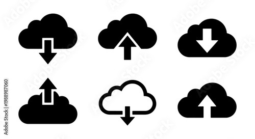 Cloud computing icon set with upload and download arrows, black silhouette data storage symbols, 6 vector elements for web interface design