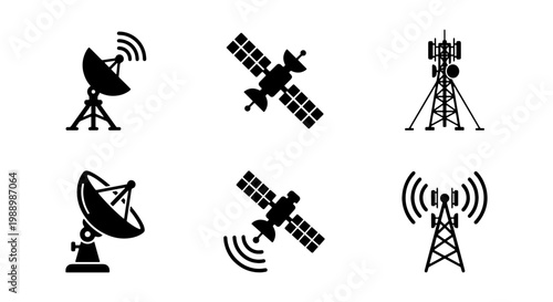 Satellite and telecommunication icons set, 6 black vector silhouettes of space stations and radio towers, wireless signal and global network symbols