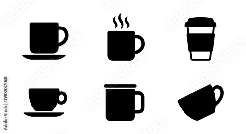 Minimalist coffee cup icon set, black vector mug silhouettes for cafe branding, collection of 6 hot beverage symbols for menu design and web UI