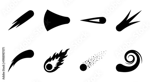 Black comet silhouette icons set, minimalist meteor and asteroid vector shapes, 8 cosmic falling star symbols for space design
