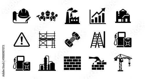 Industrial construction icons set, 15 black vector symbols for engineering and building, heavy industry and manufacturing pictograms for infographics