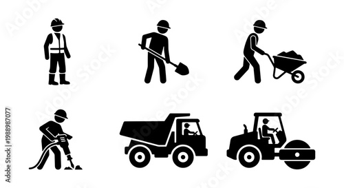 Construction worker icons set, road work machinery and builder pictograms, industrial labor silhouettes with heavy equipment vectors