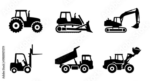 Heavy construction machinery silhouette icons set, industrial vehicle vector collection with excavator and bulldozer, 6 black transport equipment symbols