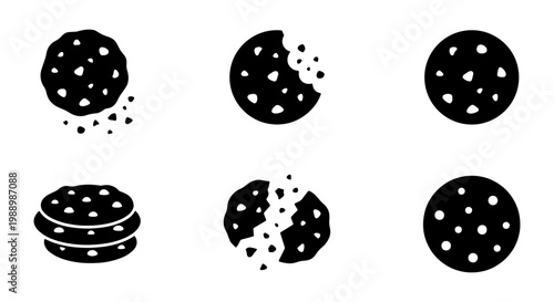 Minimalist chocolate chip cookie icon set, black solid vector cookies with bite marks and crumbs, flat bakery snack symbols for web design