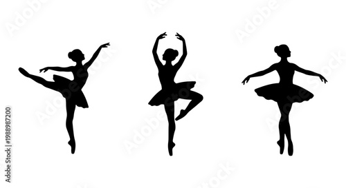 Graceful ballerina silhouettes in elegant dance poses, set of three black ballet dancer vectors, classical theater performance art elements