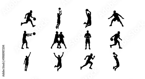 Basketball player silhouettes set, 12 athletic male figures in action poses, black vector icons of basketball players jumping and dribbling
