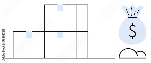 Supply chain management, e-commerce shipping, financial growth, inventory storage, packaging, logistics efficiency. Stacked boxes with a money bag symbol. Supply chain and financial growth concept