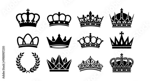Vintage royal crown silhouettes set, 12 heraldic king and queen icons, black imperial tiara and laurel wreath vector elements for logo design