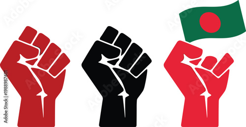 Fist Power Icon Set with Raised Fist Symbols in Red, Black, and Bangladesh Flag for Activism, Protest, and Freedom Graphics