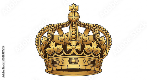Golden crown with fleur de lis beads and cross on white background symbolizing royalty and power