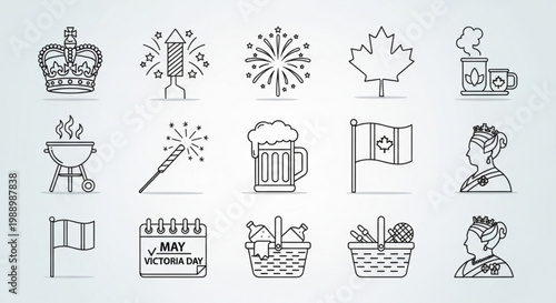 Canada victoria day celebration icons set with crown fireworks maple leaf barbecue beer flag and basket symbolizing canadian culture and traditions
