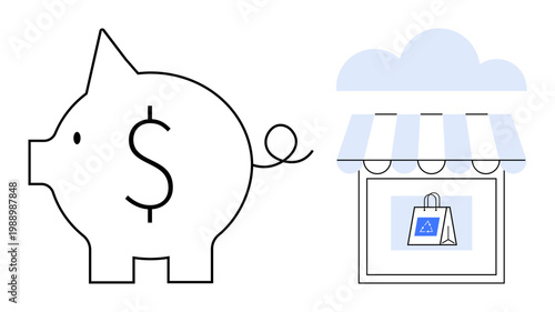 Savings, e-commerce, financial growth, budgeting, online sales, retail shopping. Piggy bank with a dollar sign near a cloud-based storefront. Savings and e-commerce concepts