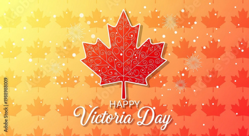 Vibrant red maple leaf on gradient background with happy victoria day text for canadian holiday
