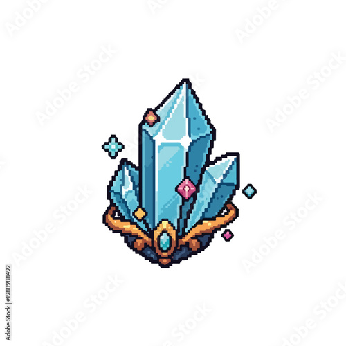 A pixel art vector featuring a cluster of luminous blue crystals set in a golden ornate crown, surrounded by shimmering magical sparkles.