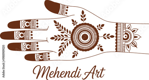 Intricate Mehendi Art on Hand with Floral Design. Intricate Henna Design on Hand with Floral Motif. Beautiful Hand with Henna Tattoo Art and Nature Elements.