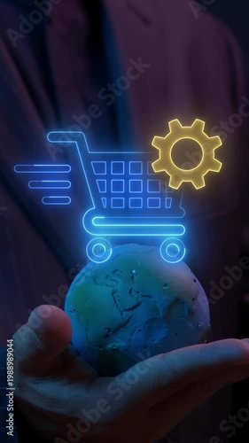 Procurement Management Industry for supply chain and retail logistics concept. Businessman showing earth global with animation of neon line shopping cart with gears sign.