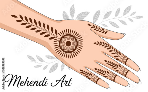 Intricate Mehendi Art on Hand with Floral Design. Intricate Henna Design on Hand with Floral Motif. Beautiful Hand with Henna Tattoo Art and Nature Elements.