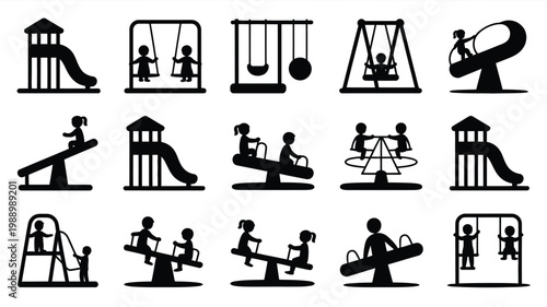 Black and white playground icons featuring children on slides swings and teeter totters in minimalist style for themed activities
