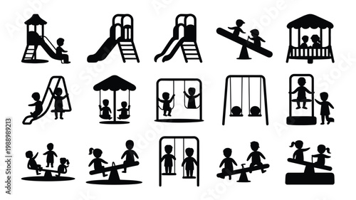 Children playground icons showing kids enjoying slides swings merry go round and seesaw in black silhouette vector style