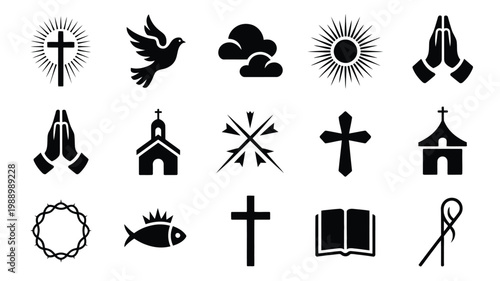 Black and white vector icons depicting religious symbols including crosses praying hands a church and a bible arranged in a minimalist grid layout