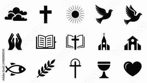 Clean vector icon collection featuring 12 religious symbols including cross dove praying hands and bible