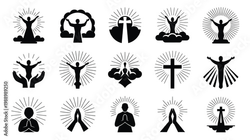 Silhouettes of prayer worship and spiritual symbols in minimalist black and white vector design featuring crosses glowing auras and figures in meditation