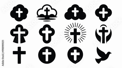 Assorted black vector cross symbols and dove icon isolated on white background for religious and spiritual use