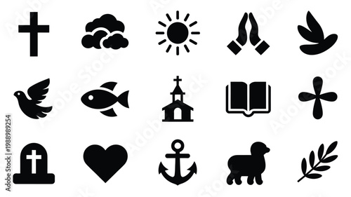 Black and white minimalist vector icons depicting religious symbols including a cross church dove fish heart and more isolated on a clean background for versatile use in graphic