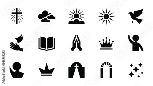 Neat grid layout of 12 minimalist black and white religious symbols for worship and spirituality including cross book crown dove sun and stars