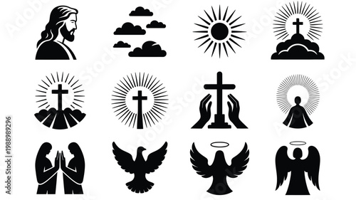 Black and white vector illustrations featuring religious symbols including crosses angels and spiritual figures in minimalist style