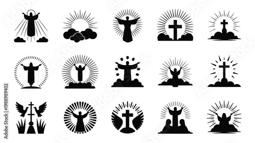 Black silhouette icons of ascension day featuring crosses angels and figures with rays of light and clouds