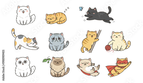 Adorable cat clipart vector set with cute kitten poses and emotions cartoon pet character collection