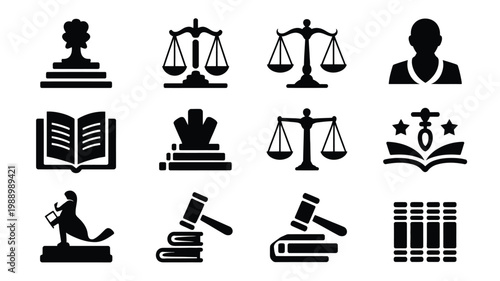 Black and white icons representing law justice judges and legal concepts with scales gavel books and symbols