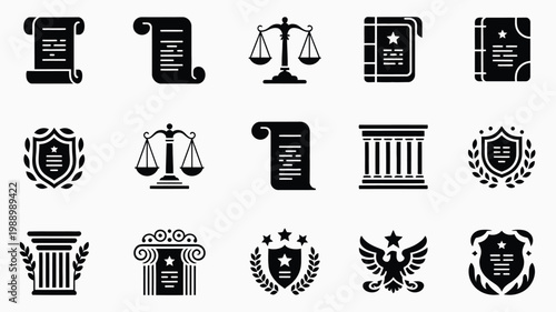 Black and white vector icons featuring legal symbols scales of justice shields and official documents on a clean background