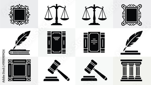Monochromatic vector icons of justice education and legal symbols including scales books gavel and pillars in a minimalist style grid layout
